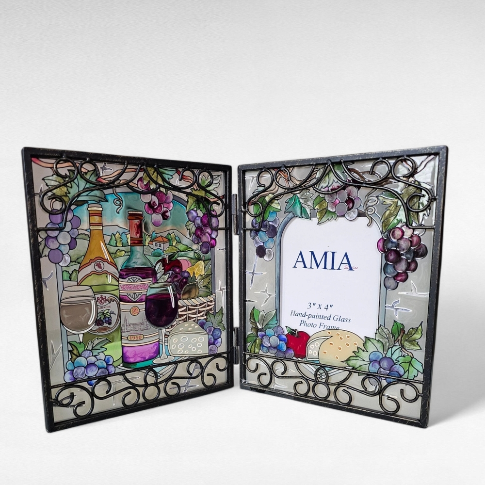AMIA Hand Painted Glass Wine Vineyard Picture Frame 3" x 4"